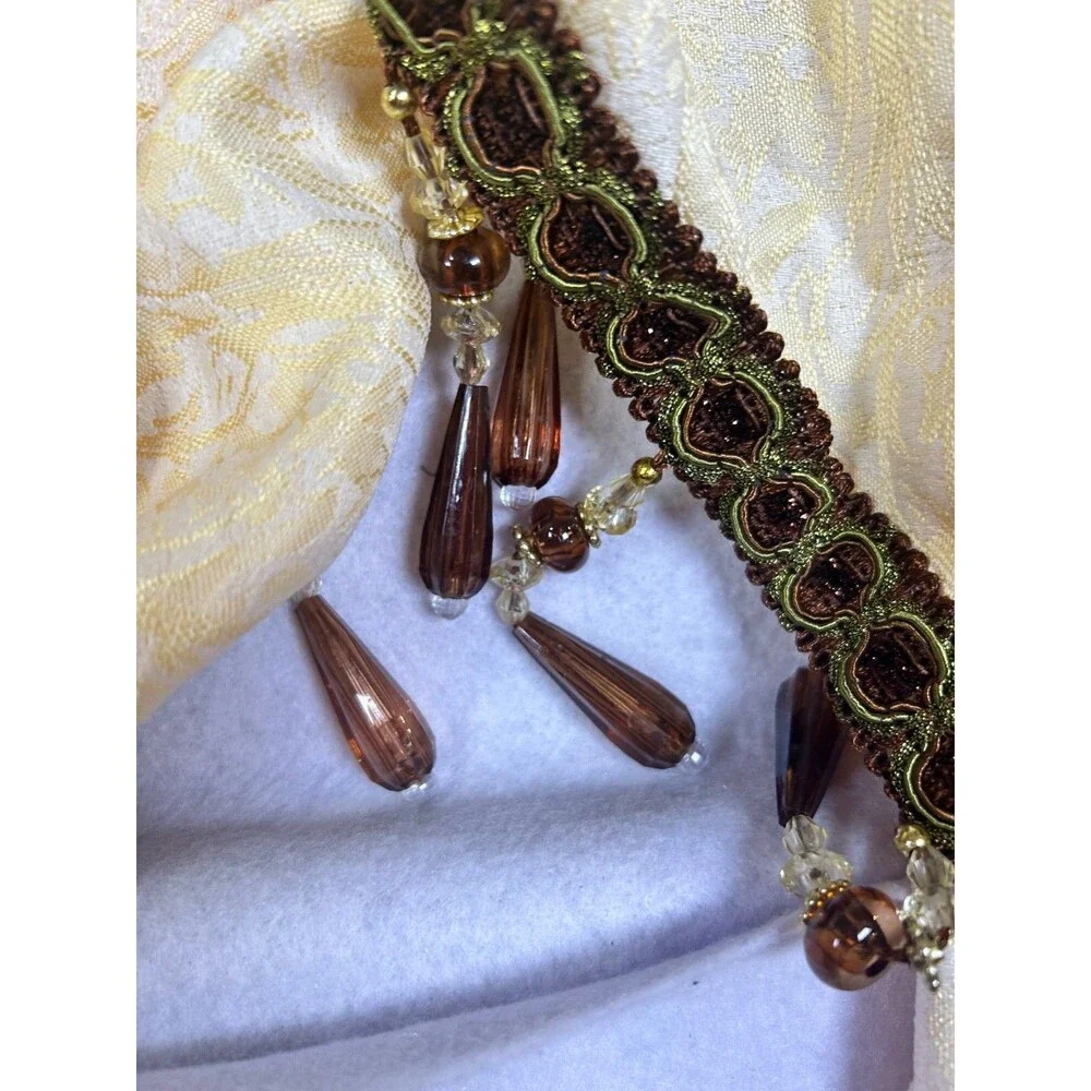 ELKCA Beige Jacquard Swag Valance Beaded Tassel Trim